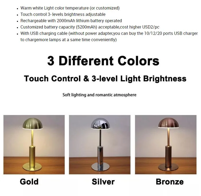 Modern Metal Bar Restaurant Cafe Decoration Bedside Table Lamps 3 Colors Stepless Dimming Popular Style Tricolor Dimming Rechargeable Decorative LED Desk Light
