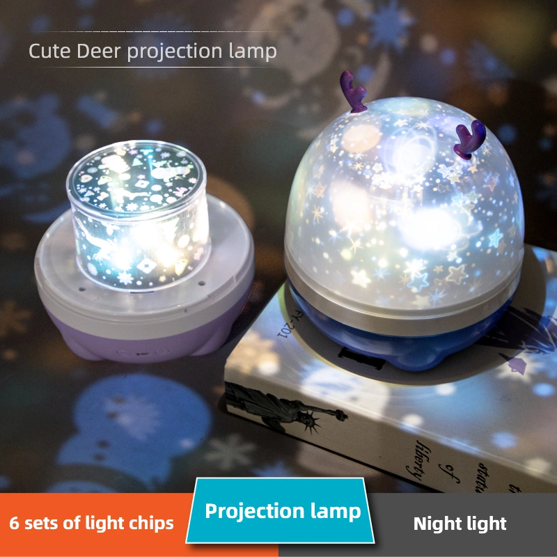 Novel Kids Gift LED Cute Deer Shape Night Sky Tricolor Projection Lamp Room Background Effect Light with 6 Kinds Pattern