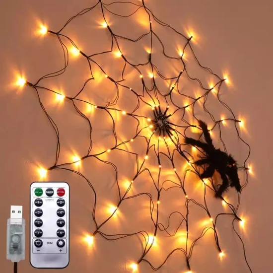 ブラック LED ハロウィン クモの巣ライト 70 個の防水オレンジ LED ライト付き